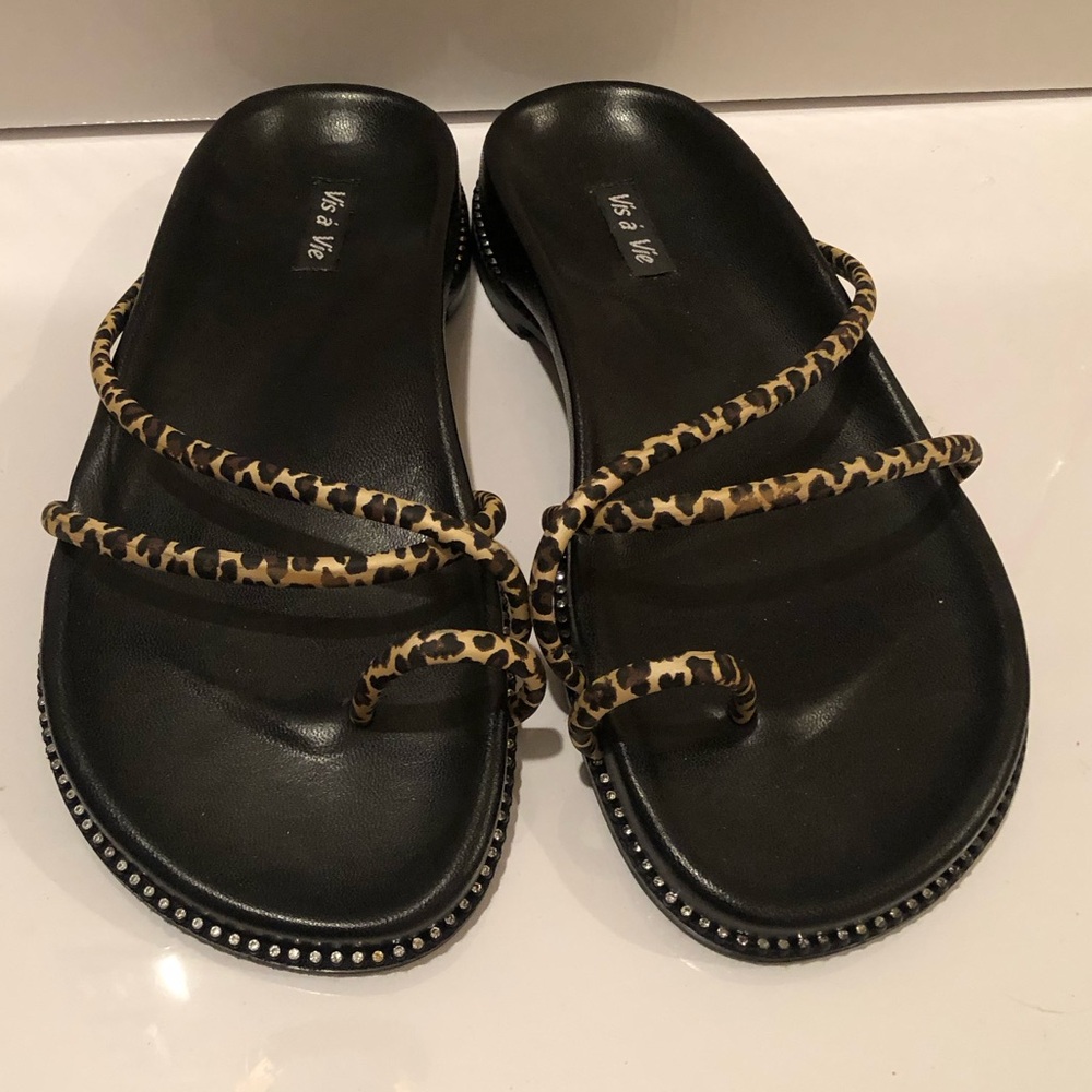 Women's Black Sandal with Leopard Print Straps